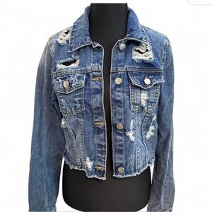 Distressed Cropped Denim Jacket Blue Jean Jackets Outerwear Boho Crop Grunge